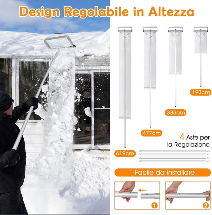 Restrello da Neve per Tetto Lungezza 193-619 cm, Rastrello per Neve Telescopico con 2 Ruote, Restrello in Alluminio Allungabile con 4 Asta Rimozione Neve per Tetto con Tessuto PE