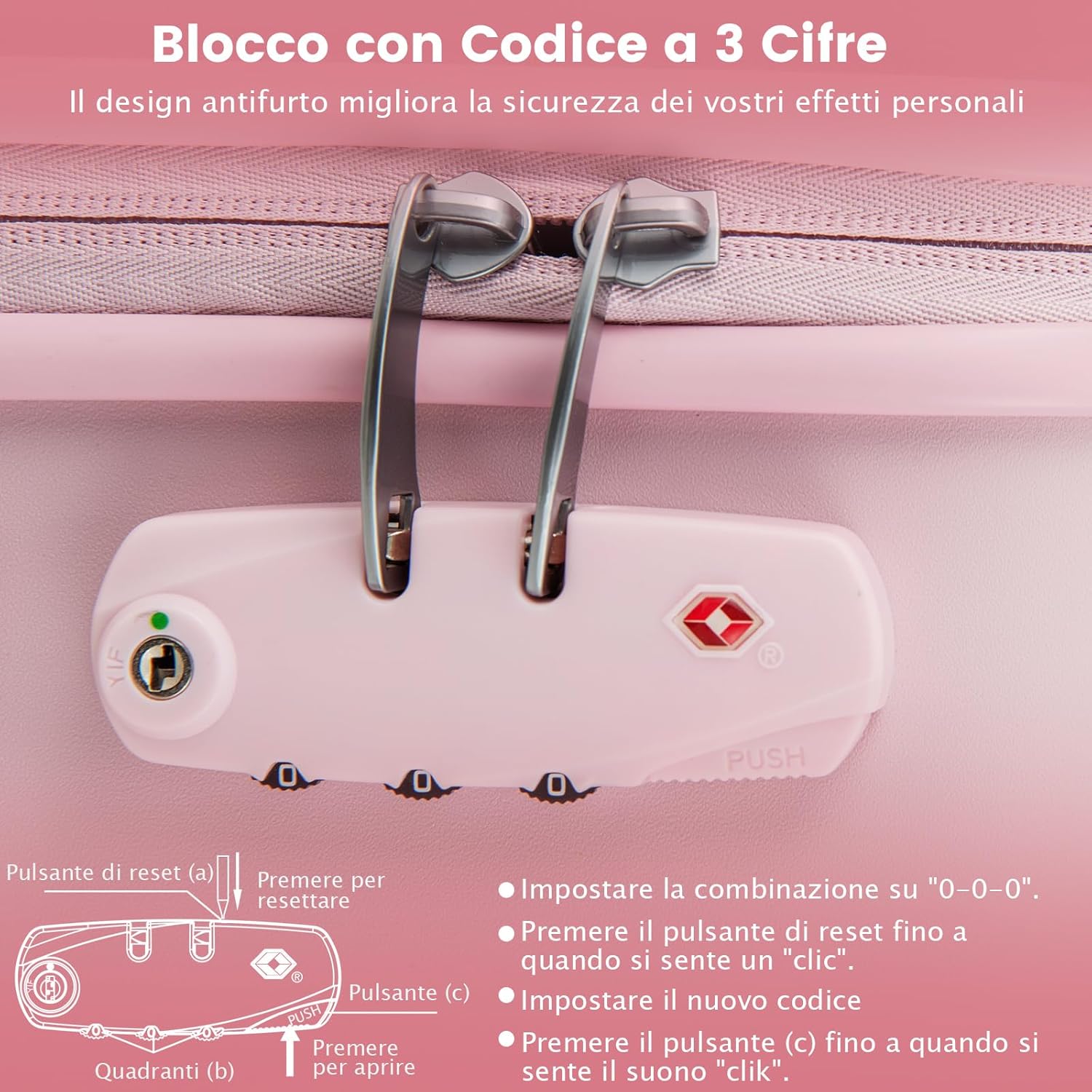 Valigia da Viaggio con Ruote Girevoli, Valigia Trolley con Manico Regolabile in Altezza, Guscio Rigido in PC, 38 x 22 x 57 cm (Rosa)