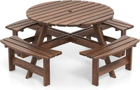 Set Tavolo con 4 Panche da Picnic, Tavolo da Pranzo Rotondo per 8 Persone, con Foro per Ombrello da 5 cm, Set di Mobili da Picnic da Esterno, per Giardino Patio (Marrone)