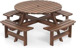 Set Tavolo con 4 Panche da Picnic, Tavolo da Pranzo Rotondo per 8 Persone, con Foro per Ombrello da 5 cm, Set di Mobili da Picnic da Esterno, per Giardino Patio (Marrone)