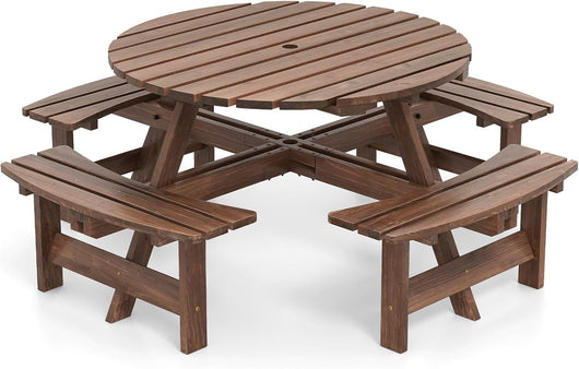 Set Tavolo con 4 Panche da Picnic, Tavolo da Pranzo Rotondo per 8 Persone, con Foro per Ombrello da 5 cm, Set di Mobili da Picnic da Esterno, per Giardino Patio (Marrone)