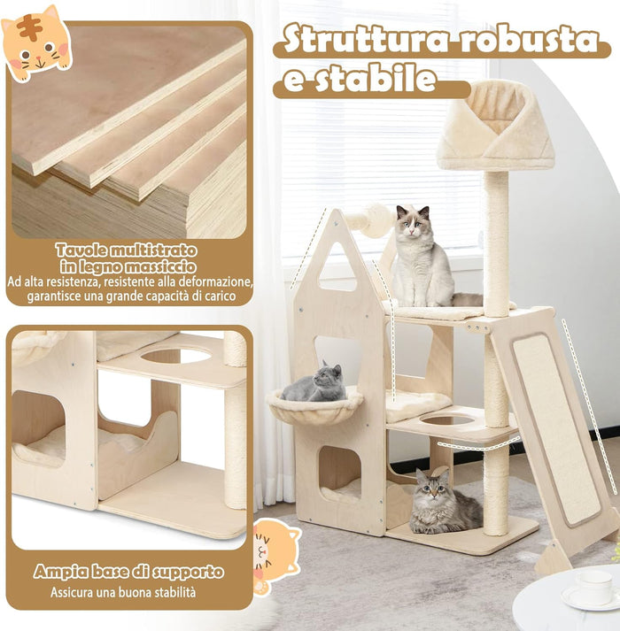 Tiragraffi per Gatti in Legno, Tiragraffi per Gatti con Cuccia, Piattaforma, 3 Cuscini Rimovibili e Lavabili e Tiragraffi, Albero Tiragraffi per Gatti Medi e Grandi, 111 x 42 x 155 cm