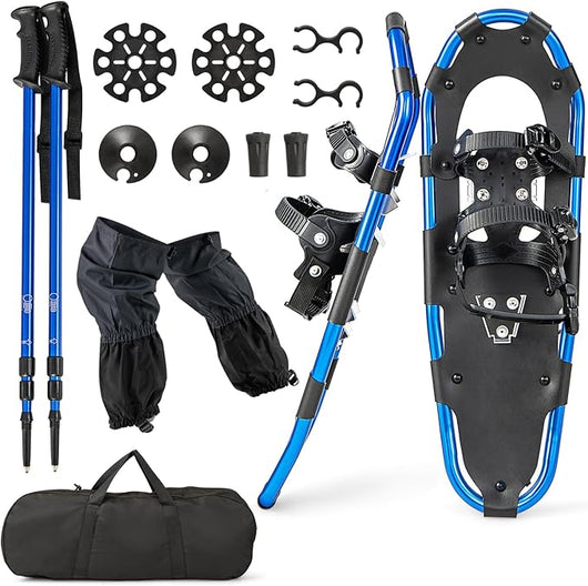 Set 4 in 1 Ciaspole da Neve 53/63/78 cm per Uomini, Donne e Ragazzi con Sistema di Fissaggio, Telaio in Alluminio, Bastoncini da Trekking, Ghette Gambe Impermeabile e Borsa