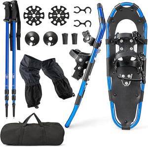 Set 4 in 1 Ciaspole da Neve 53/63/78 cm per Uomini, Donne e Ragazzi con Sistema di Fissaggio, Telaio in Alluminio, Bastoncini da Trekking, Ghette Gambe Impermeabile e Borsa