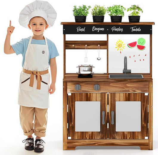 Cucina Giocattolo da Giardino con Lavagna, Cucina in Legno di Abete per Bambini con 4 Vasi da Giardinaggio, Fornelli 4 Accessori per Cucinare, 68 x 35 x 97 cm