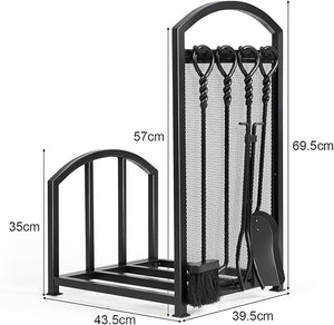 Porta Legna per Interni con 4 Attrezzi, Porta Legna per Camino di Metallo con Pala, Attizzatoio, Pinza, Scopa, Porta Legna da Ardere per Camino, Stufe e Braciere (43,5 x 39,5 x 69,5 cm)