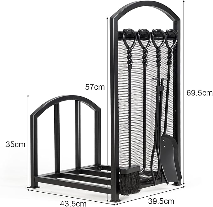 Porta Legna per Interni con 4 Attrezzi, Porta Legna per Camino di Metallo con Pala, Attizzatoio, Pinza, Scopa, Porta Legna da Ardere per Camino, Stufe e Braciere (43,5 x 39,5 x 69,5 cm)