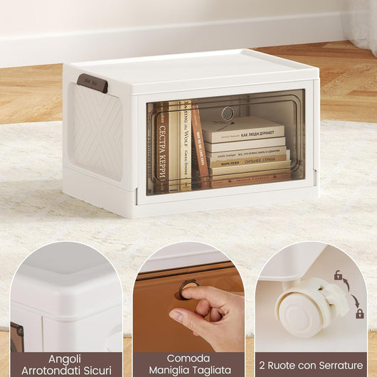 Set da 3 Contenitori Impilabili, Scatole Pieghevoli da 75/105 L con Ruote Bloccabili Porta e Coperchio, Organizzatori per Armadio, Multiuso per Casa Dormitorio (48 x 34 x 82 cm)