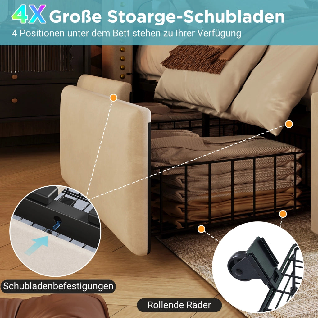 LETTO matrimoniale 180x200 cm in velluto beige con 4 cassetti, LED e USB-C