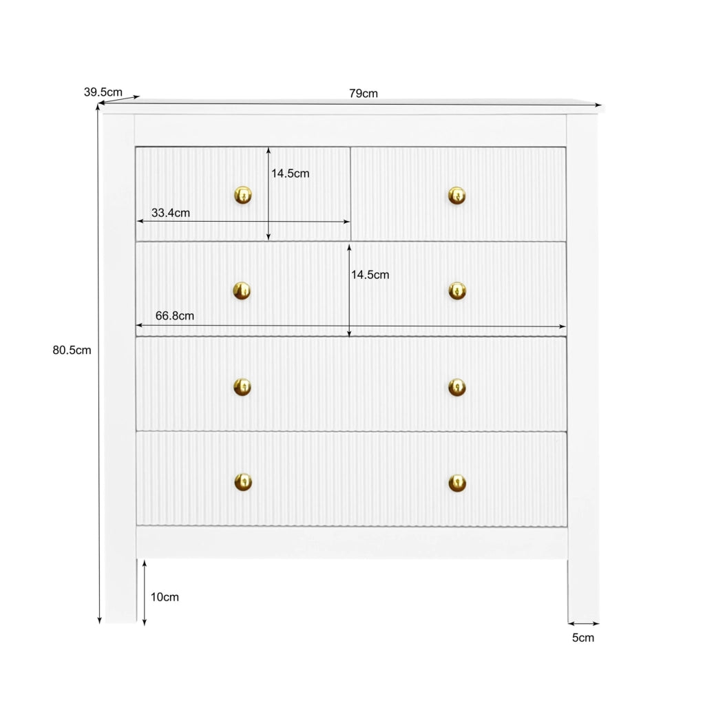 Cassettiera 79x80.5x39.5 cm con 5 cassetti; maniglie dorate; truciolare bianco