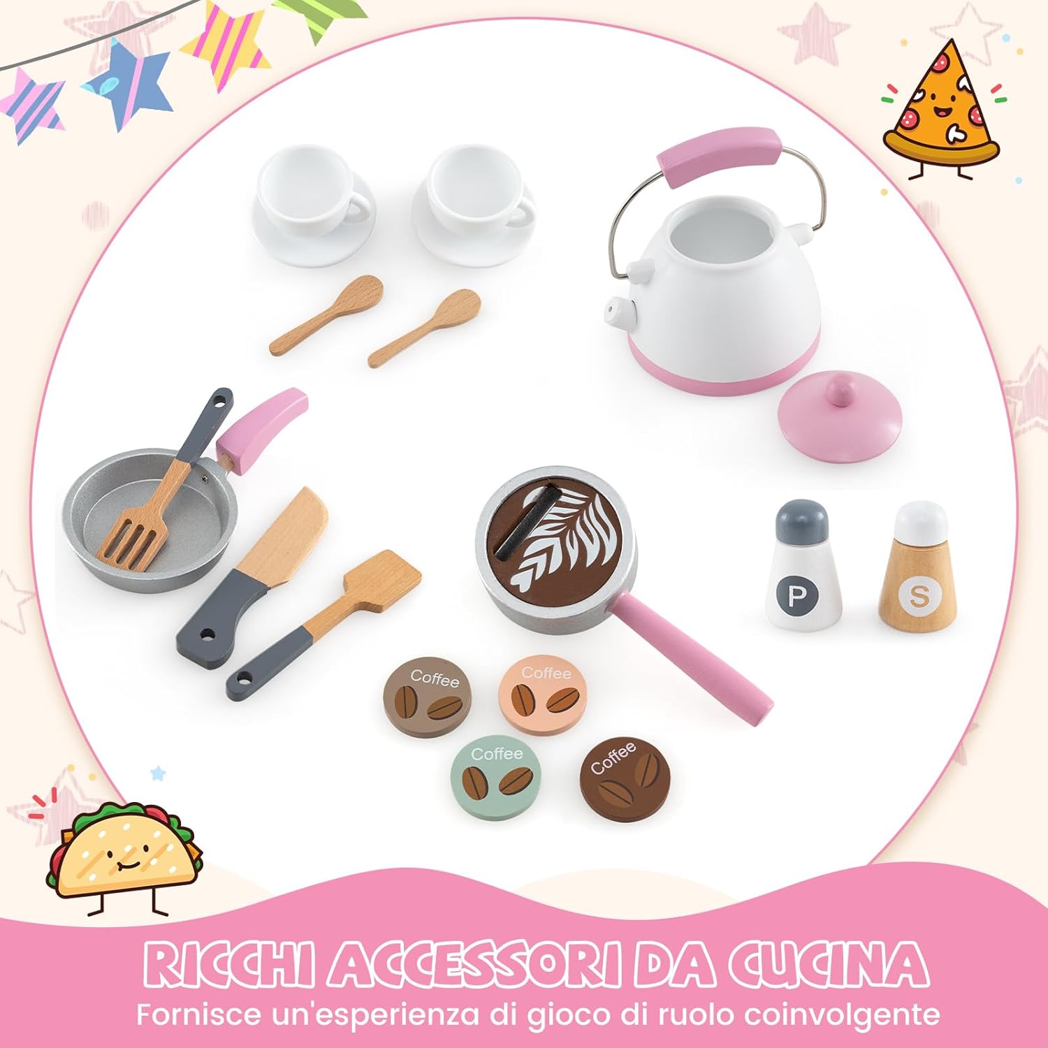 Cucina Giocattolo Angolare con Fornelli e Micronde da Suoni e Luci, Cucina per Bambini in Legno con Macchina Caffè, Lavandelo, Forno e Lavatrice, Set Cucina con Accessori (Rosa)