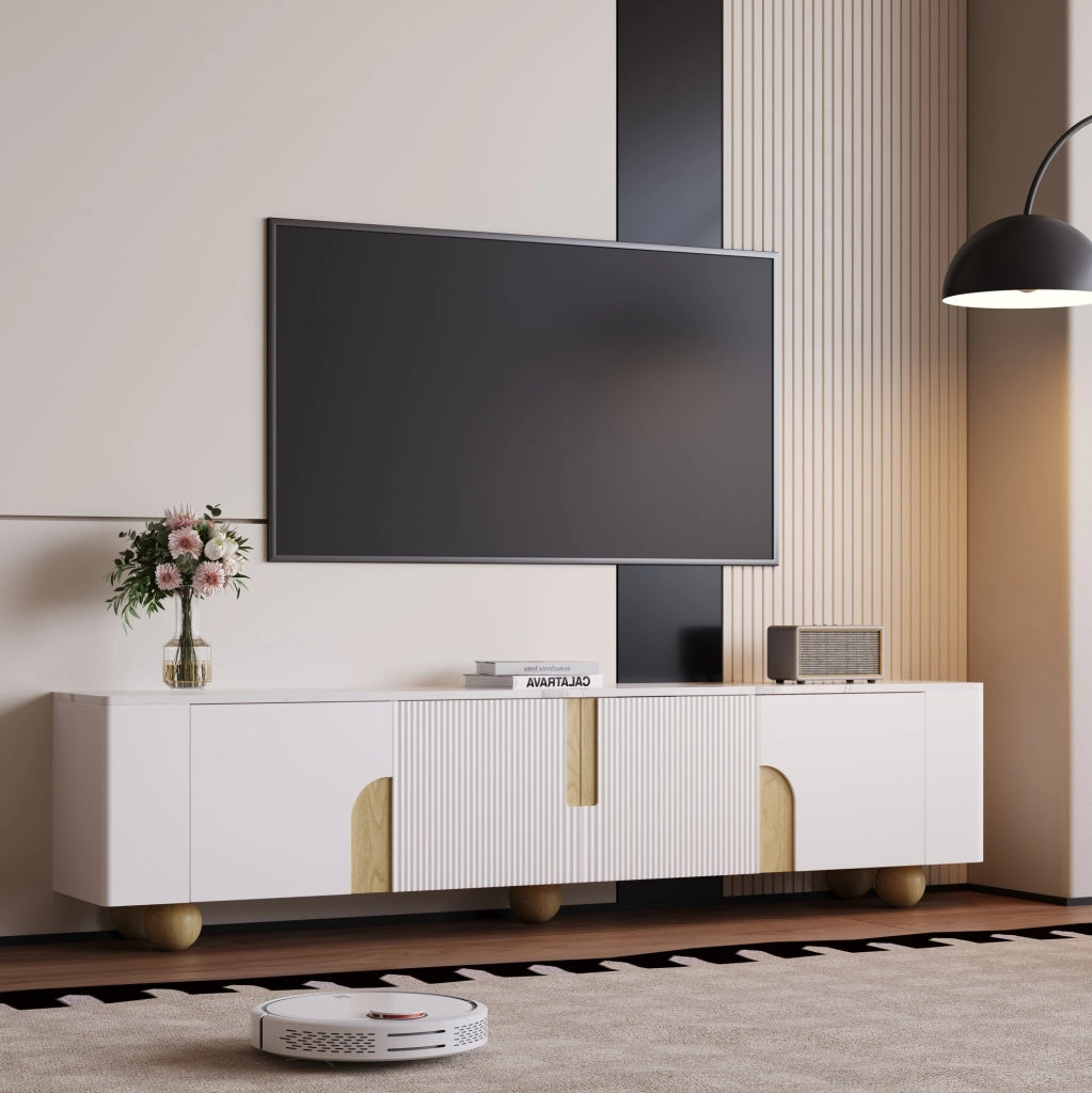 Mobile TV 180x40x44 cm con 4 ante e superficie effetto marmo in MDF e pannello di particelle bianco; naturale