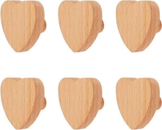 6 pezzi di maniglie a forma di cuore in legno di betulla - inclusi viti (45 mm)