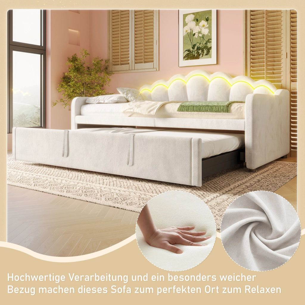Daybed in velluto beige 90x200 estraibile a 180x200 LED colorati senza materasso