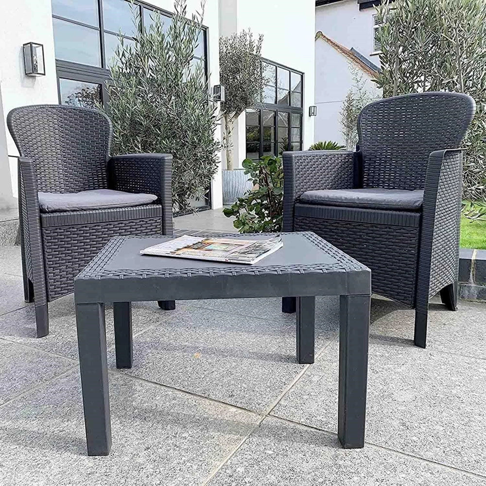 Trade Shop - Set Salotto Con Tavolino 2 Poltrone Antracite Effetto Rattan Con Cuscini Giardino 591042 -