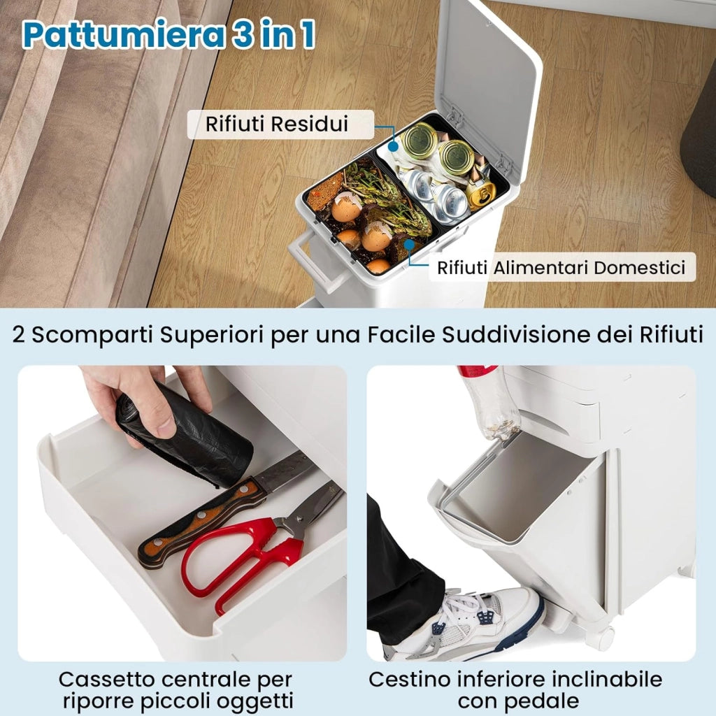 3 in 1 Pattumiera 32L, Cestino per Rifiuti con 2 Cassetti 2 Scomparti Superiori e Adesivi, Pattumiera in Plastica a Pedale per Cucina Sala da Pranzo Soggiorno, 40x26x84 cm (Bianco)