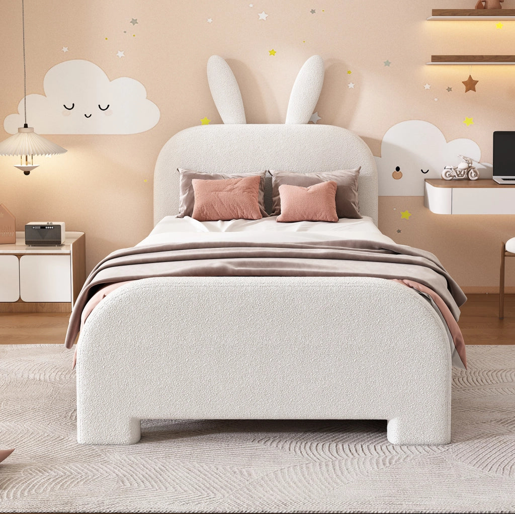 Letto per bambini 90x200 cm imbottito con testiera a forma di coniglio; 2 cassetti; bianco