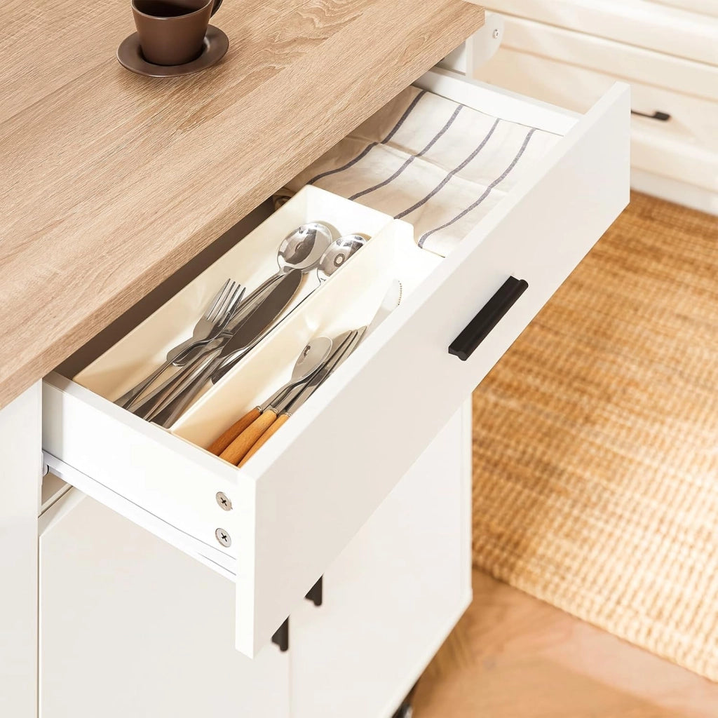 Carrello Cucina Isola Cucina con Ruote Mobile da Cucina Salvaspazio con Cassetti, Penisola Cucina con Piano Lavoro - Mobile Cucina con Ruote Portatutto Bianco 105x46x92 cm FKW126-WN