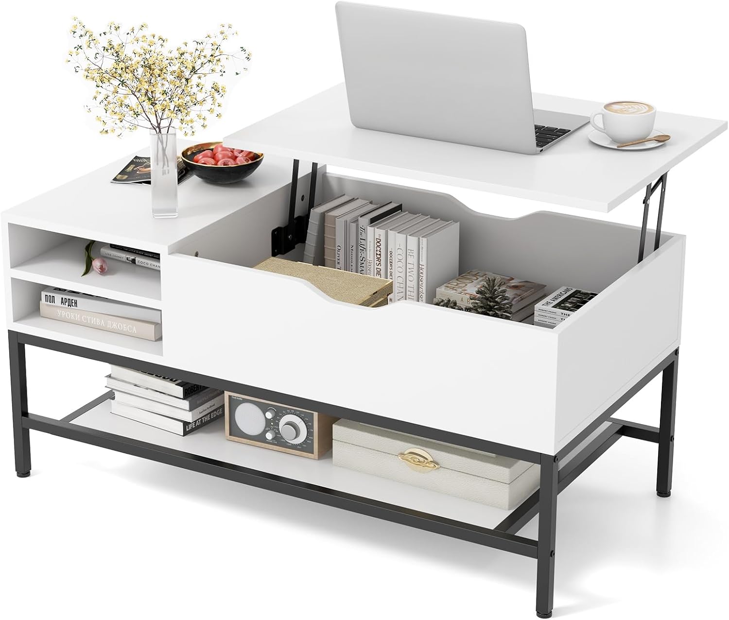 Tavolino da Salotto, Tavolino da Caffè con Piano Sollevabile, Vano Nascosto e Ripiano Rimovibile, Tavolino Basso in Legno e Metallo per Soggiorno e Sala, 100 x 50 x 48-61 cm (Bianco)