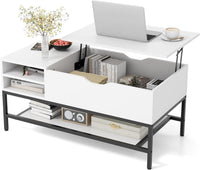 Tavolino da Salotto, Tavolino da Caffè con Piano Sollevabile, Vano Nascosto e Ripiano Rimovibile, Tavolino Basso in Legno e Metallo per Soggiorno e Sala, 100 x 50 x 48-61 cm (Bianco)