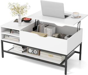 Tavolino da Salotto, Tavolino da Caffè con Piano Sollevabile, Vano Nascosto e Ripiano Rimovibile, Tavolino Basso in Legno e Metallo per Soggiorno e Sala, 100 x 50 x 48-61 cm (Bianco)