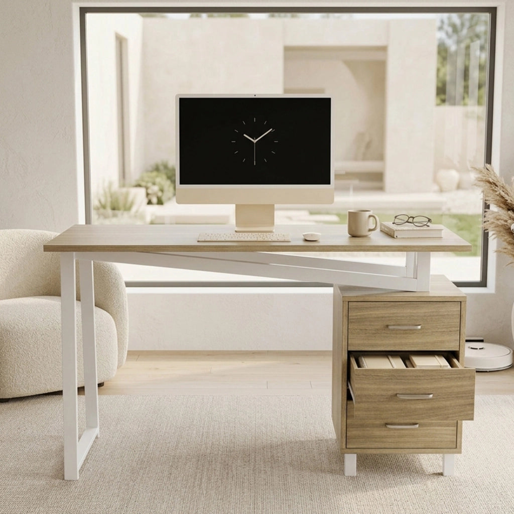 Scrivania con Cassetti e Ripiani in MDF ¨C MINIMAL ¨C Legno Naturale e Bianco 130x55x75
