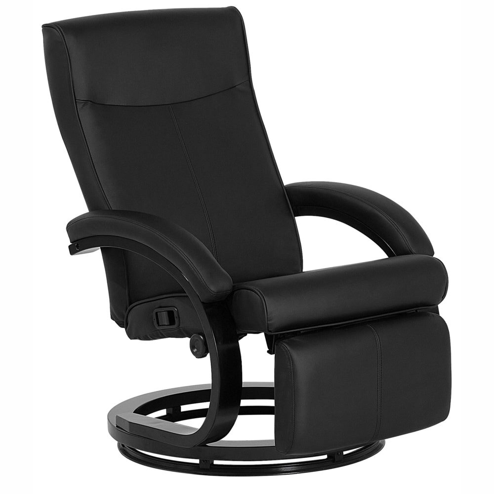 Poltrona reclinabile in ecopelle nera con schienale regolabile e base in legno poggiapiedi estraibile con schienale alto design moderno