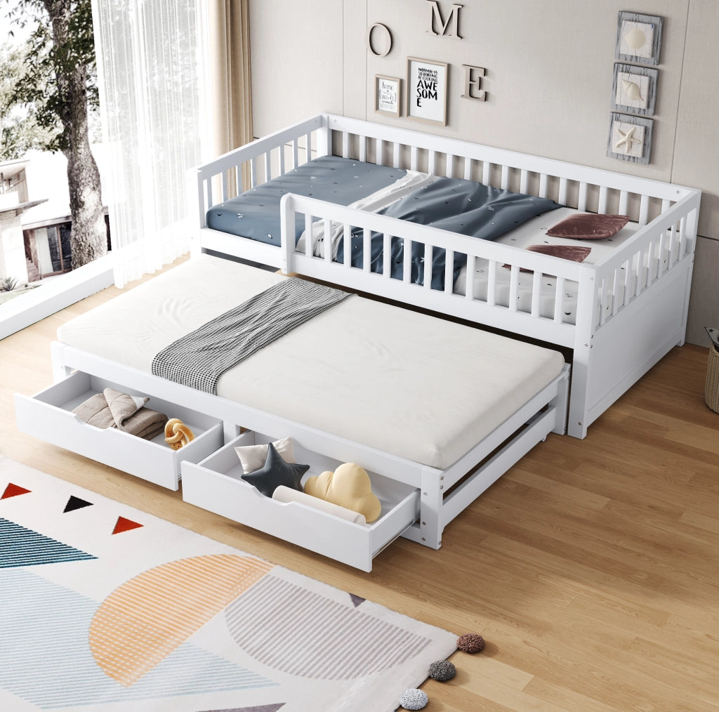 Divano letto multifunzionale con letto estraibile; 2 cassetti e sponde di sicurezza; 90x200 cm; bianco