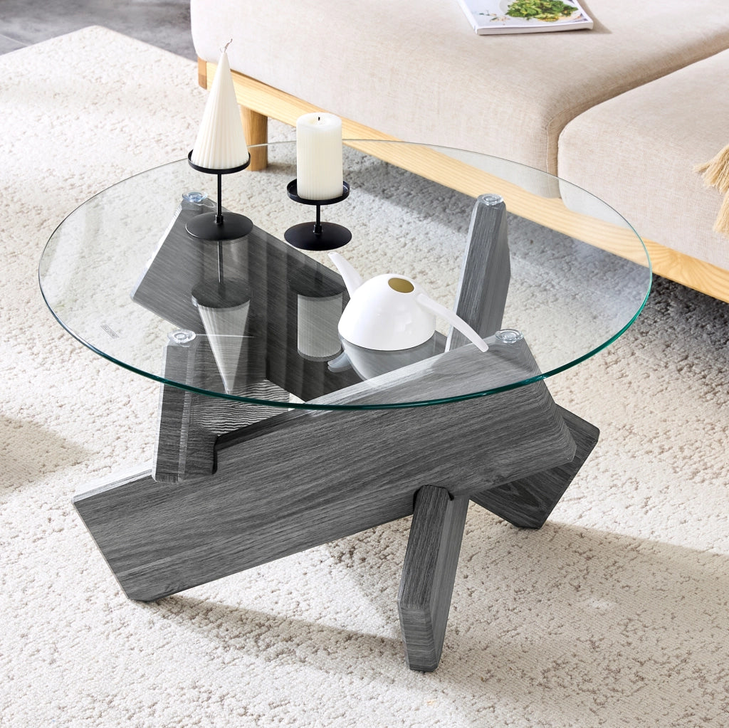 Tavolino da caffè rotondo 79x45 cm con base a croce in MDF e vetro grigio trasparente