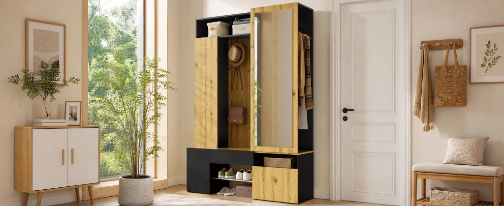 Guardaroba da ingresso con specchio; scarpiera e appendiabiti in MDF nero e naturale