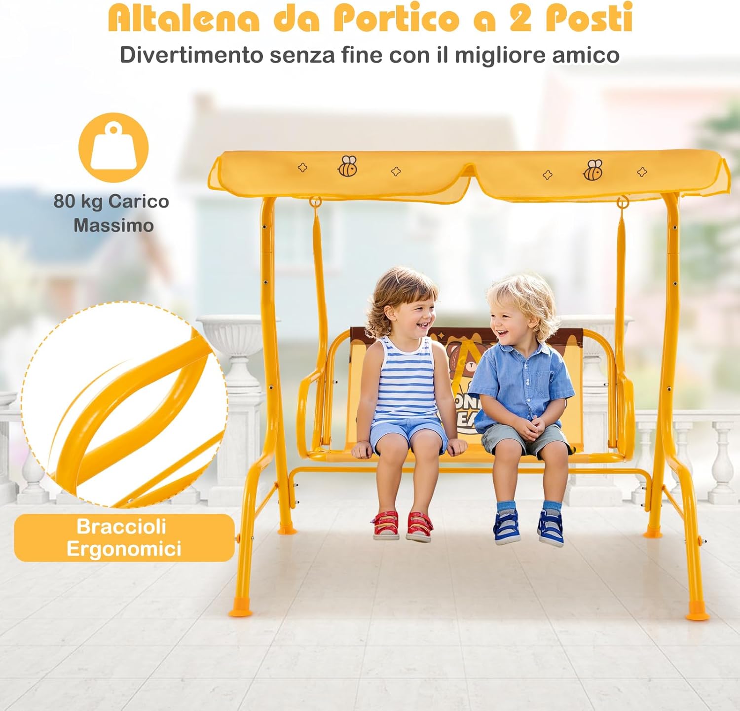 Altalena da Esterno per Bambini, Panchina a Dondolo a 2 Posti con Struttura in Metallo, Tetto Regolabile e Cinture di Sicurezza, per Bambini 3+Anni, Portata 80 kg (Giallo)