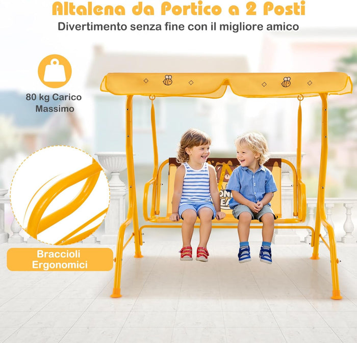 Altalena da Esterno per Bambini, Panchina a Dondolo a 2 Posti con Struttura in Metallo, Tetto Regolabile e Cinture di Sicurezza, per Bambini 3+Anni, Portata 80 kg (Giallo)