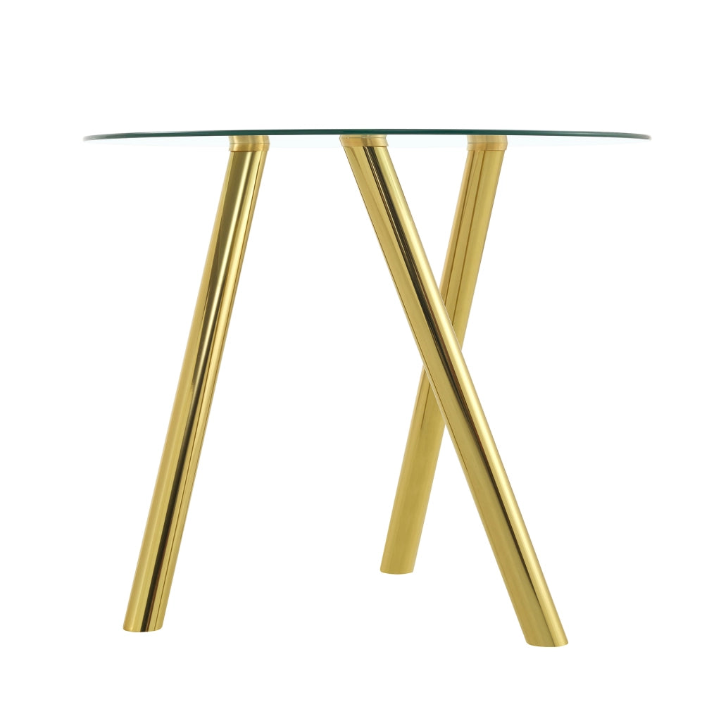 Tavolo da pranzo rotondo in vetro temperato con gambe in metallo dorato per sala da pranzo 89 × 89 × 76 cm