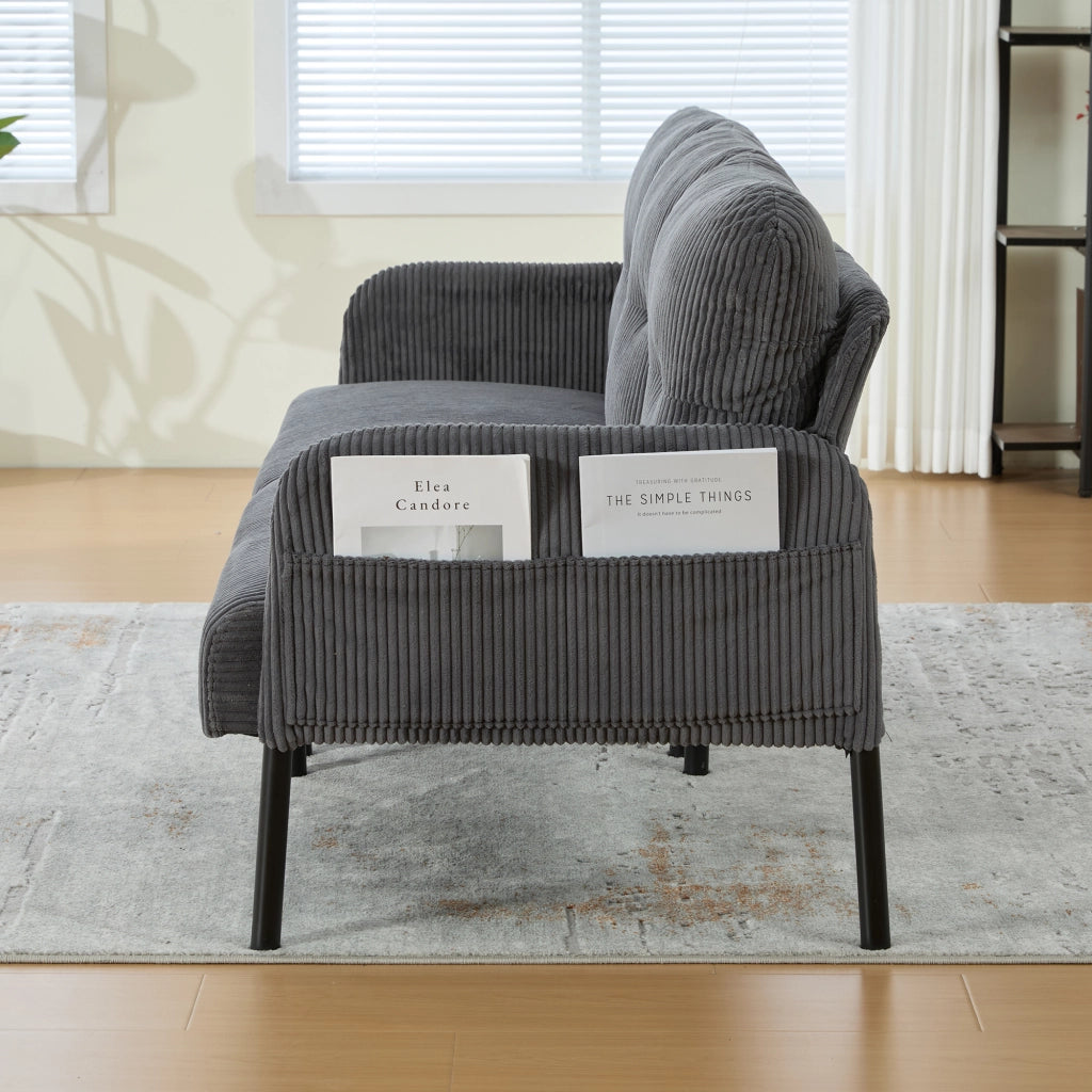 Divano a 3 posti in tessuto corduroy grigio con seduta ampia, schienale ergonomico e tasca laterale