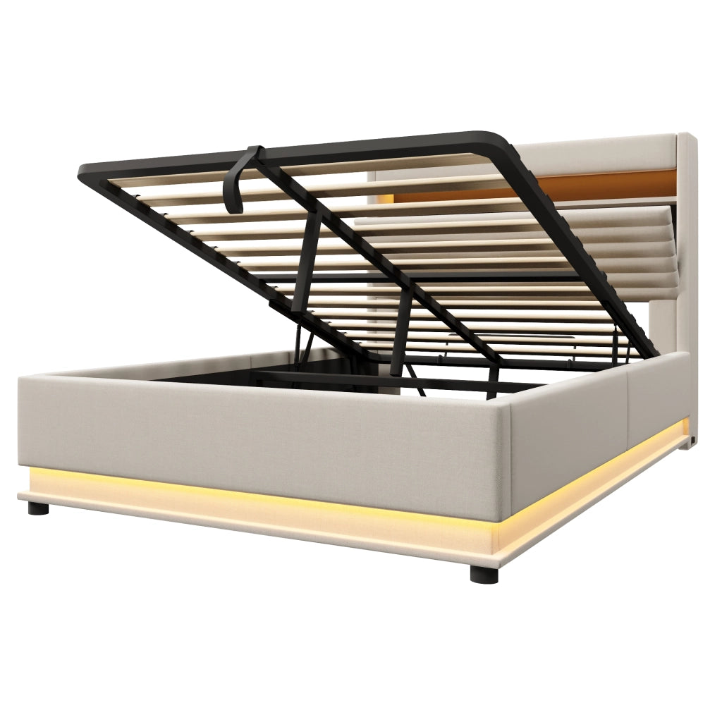 Letto imbottito 140x200 in lino beige; contenitore con sollevamento idraulico; LED; USB e USB-C