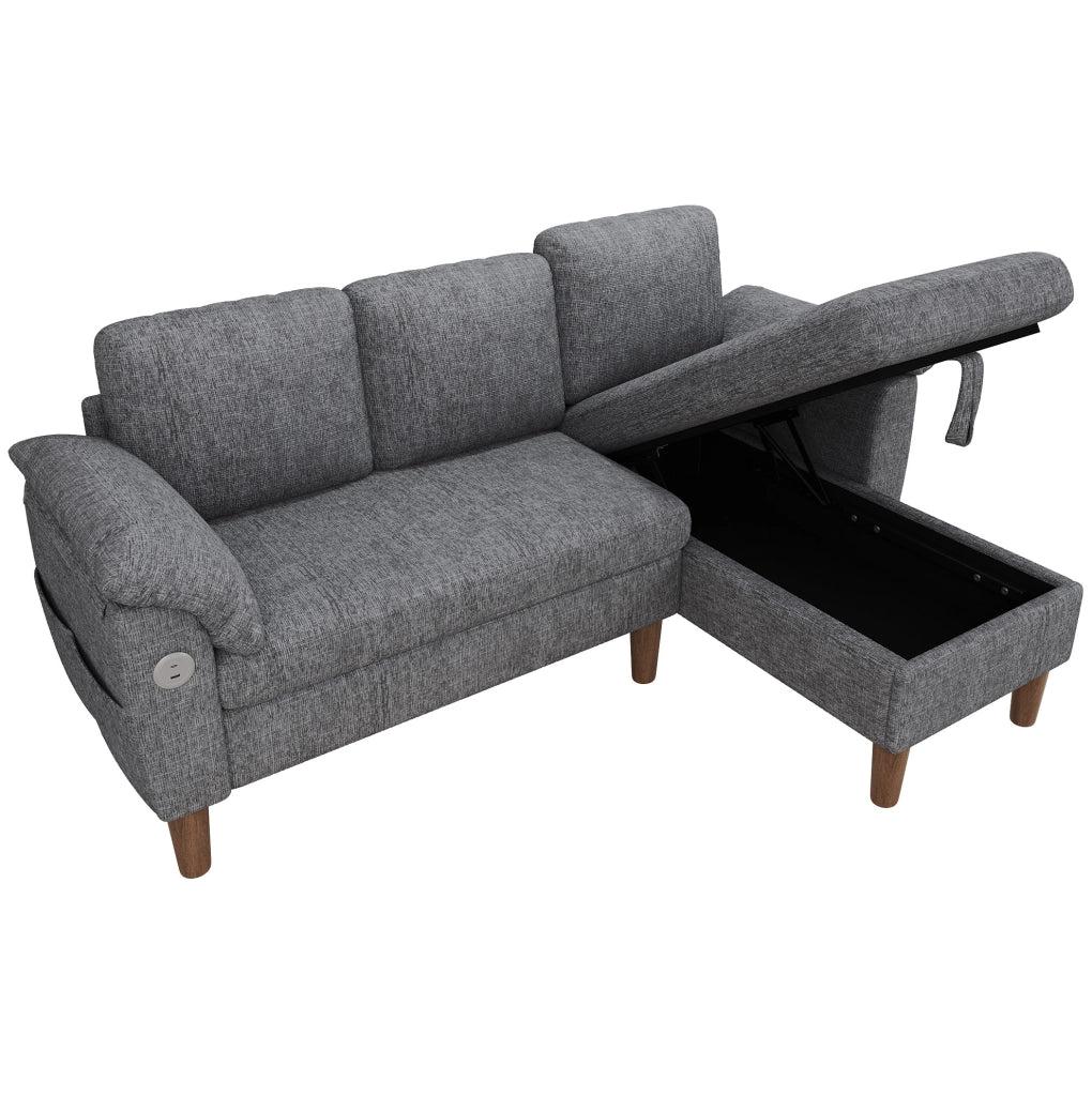 Divano angolare a L con chaise longue reversibile; USB/Type-C; chenille grigio chiaro 181x125x88 cm