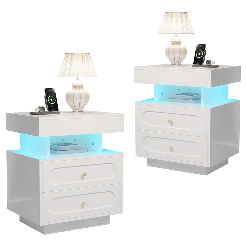 Comodino con Luci LED 100x40x60cm - Xylo - 2 Cassetti, 1 Ripiano Aperto, Bianco