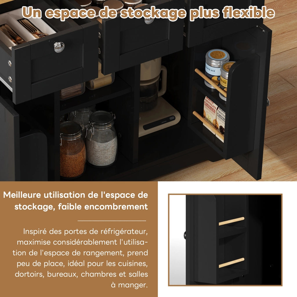Carrello da Cucina con 3 Cassetti; 2 Ante; Ripiani Aperti; Presa e Portasciugamani; Cucina; in MDF; 132x40x87 cm; Naturale e Nero