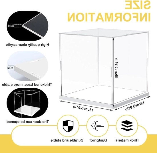 Display per esposizione in acrilato con piede bianco e maniglia per piegatura cassa chiusa in modo ermetico - Display trasparente per azioni e accessori - 15 x 15 x 15 cm