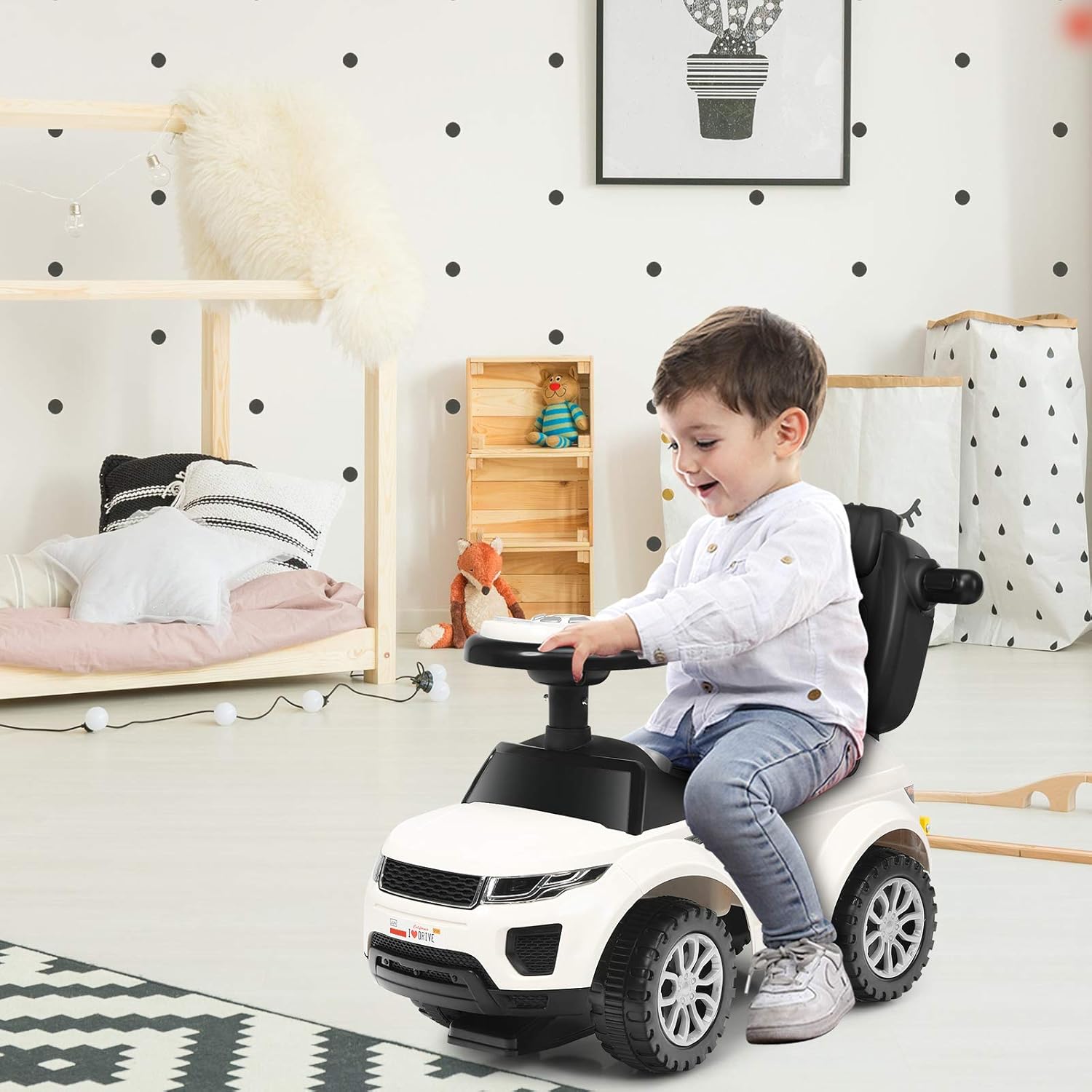 3 in 1 Macchina Cavalcabile a Spinta per Bambini, con Clacson Musica Luce Portaoggetti Sotto Sedile, Auto a Spinta per Bambini di 1-3 Anni (Bianco)
