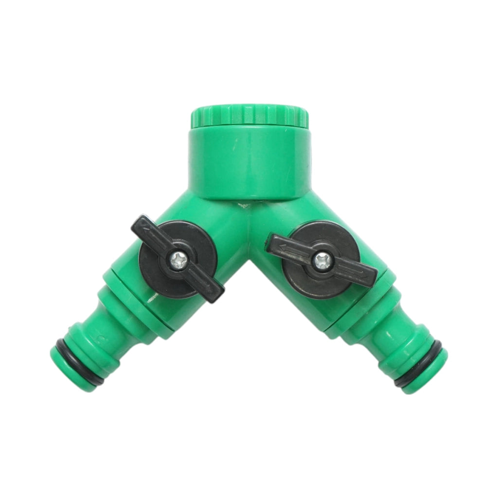 Distributore Y a 2 vie con rubinetti e connettore rapido per tubo da giardino 1/2-3/4