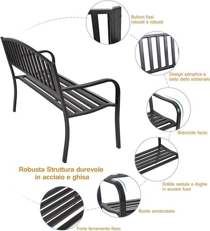 Panchina da Esterno, Panca in Metallo con Schienale Squisito, Braccioli Ergonomici e Sedile Ampio, Panchina da Giardino, Balcone e Cortile, Portata 280 kg (Righe)