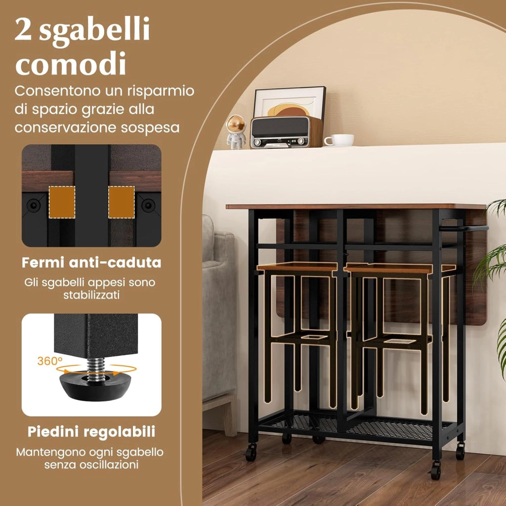 Tavolo da Pranzo Pieghevole Estensibile 3 Pezzi con 2 Sgabelli, Set Tavolo da Cucina con Ruote e Portabottiglie da 6 Posti, Ripiani e Maniglia Laterale (Marrone)
