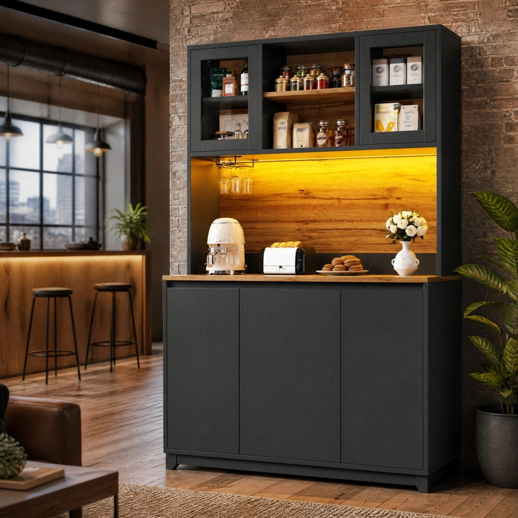 Mobile da cucina nero con LED, ante acriliche e vano rifiuti
