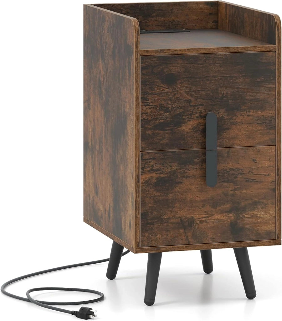 Comodino con stazione di ricarica, comodino con prese e 1 porta USB e 1 tipo C, tavolino da caffè con 2 cassetti, comodino, gambe in metallo, 32 x 40 x 60 cm