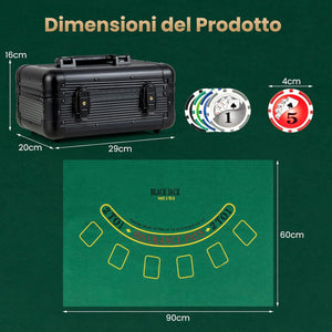 Set da Poker Completo con 300 Finches e 2 Mazzi di Poker, Valigetta in Alluminio a 2 Chiavi con Tappetino e Bottone Dealer, Fish Poker per Texas Holdem e Blackjack