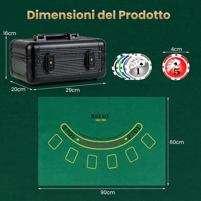 Set da Poker Completo con 300 Finches e 2 Mazzi di Poker, Valigetta in Alluminio a 2 Chiavi con Tappetino e Bottone Dealer, Fish Poker per Texas Holdem e Blackjack