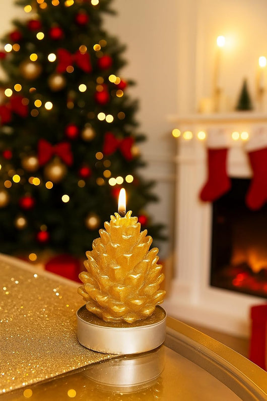 Set 3 Candele Albero-Pigna Oro – Decorazioni Natalizie Eleganti per Casa e Tavola