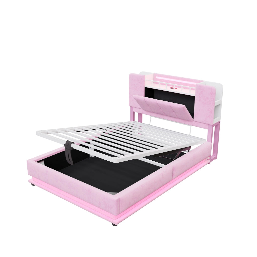Letto Contenitore Imbottito per Bambini ¨C MINIMAL ¨C Velluto Rosa, LED, USB, Idraulico, Metallo, 90x200
