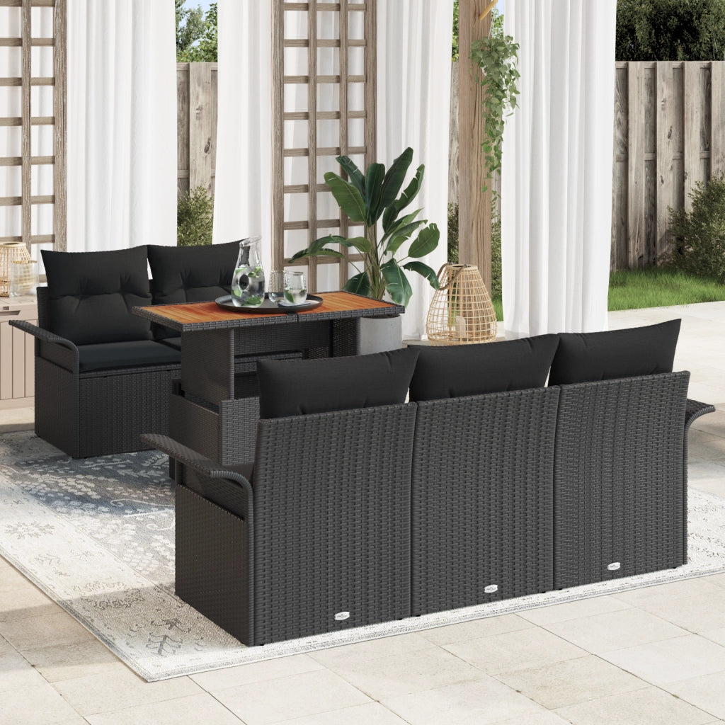 Set Divano da Giardino da 6 pezzi con Cuscini in Rattan Nero Poly Acacia